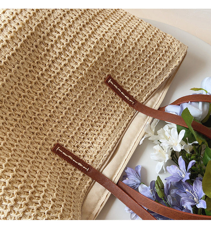 Rattan Woven Bag with Leather Straps - SummerBreeze Tote-Brown-State of Style