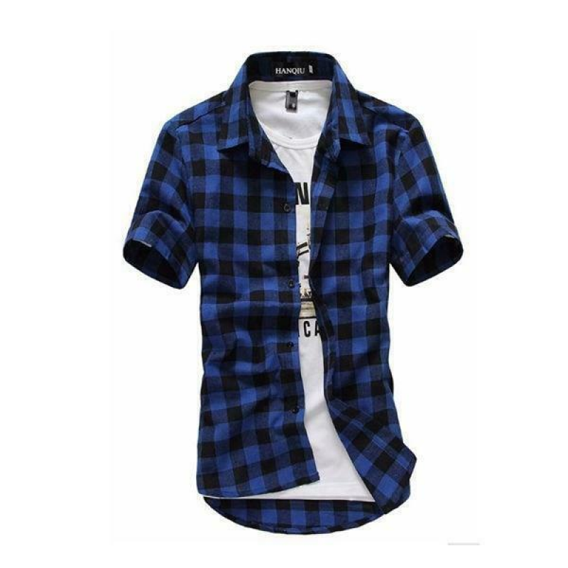 Red & Black Checked Shirt James – Trendy Short-Sleeve Casual Wear-Blue-M-State of Style