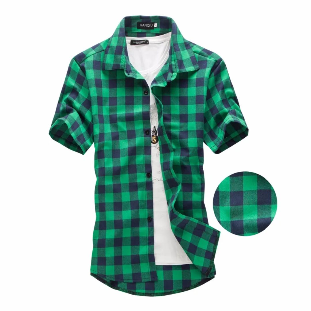 Red & Black Checked Shirt James – Trendy Short-Sleeve Casual Wear-Green-M-State of Style