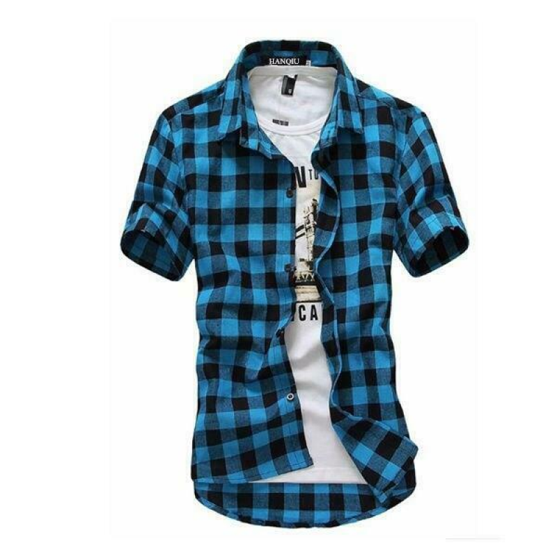 Red & Black Checked Shirt James – Trendy Short-Sleeve Casual Wear-Light Blue-M-State of Style