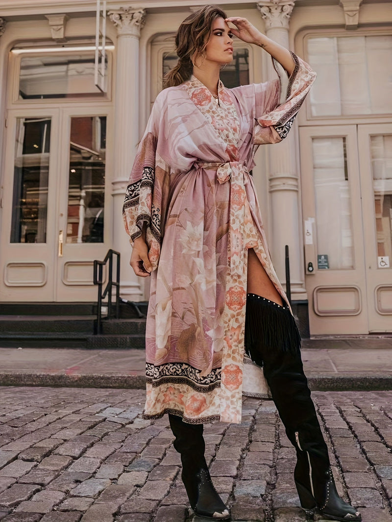 Red Floral Print Kimono - Isabella-Pink-One Size-State of Style