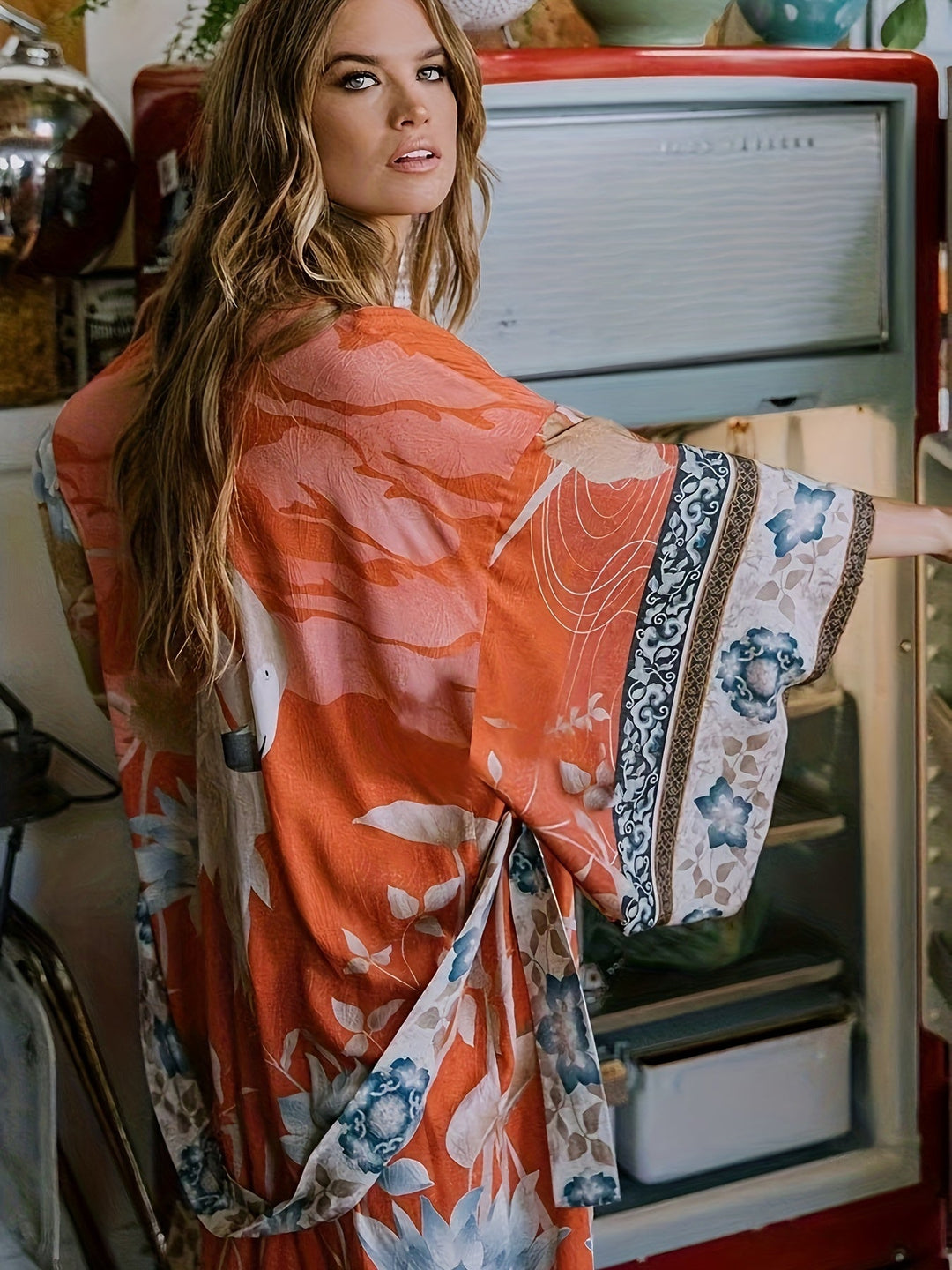 Red Floral Print Kimono - Isabella-Red Orange-One Size-State of Style