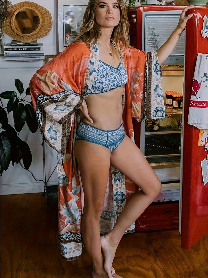 Red Floral Print Kimono - Isabella-Red Orange-One Size-State of Style