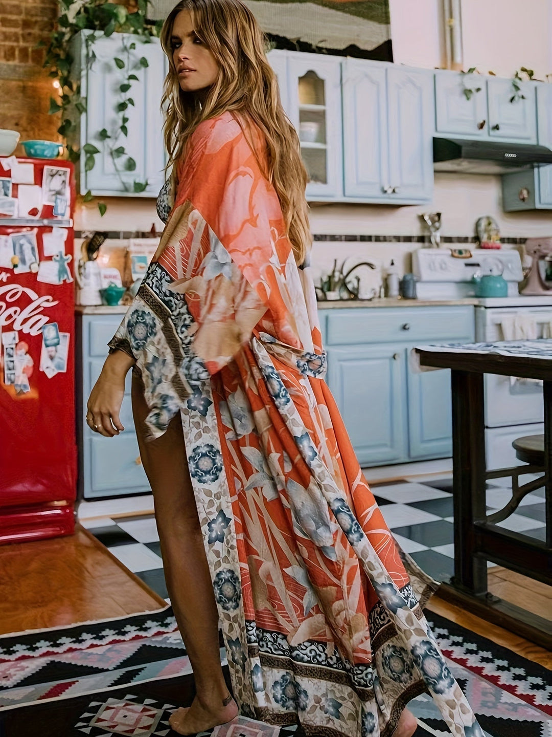 Red Floral Print Kimono - Isabella-Red Orange-One Size-State of Style