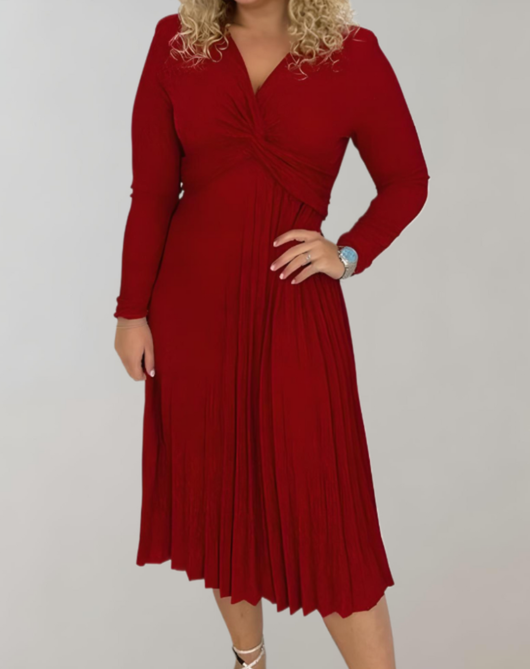 Red High Waist Midi Dress - Selena-S-State of Style