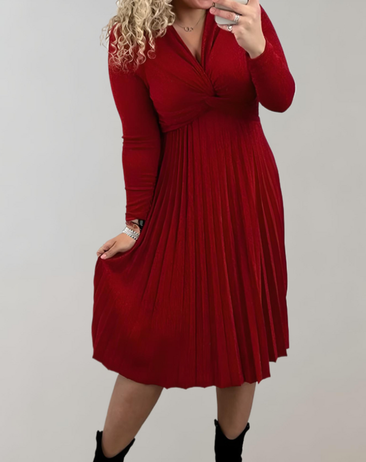 Red Midi Dress with High Waist - Selena-S-State of Style