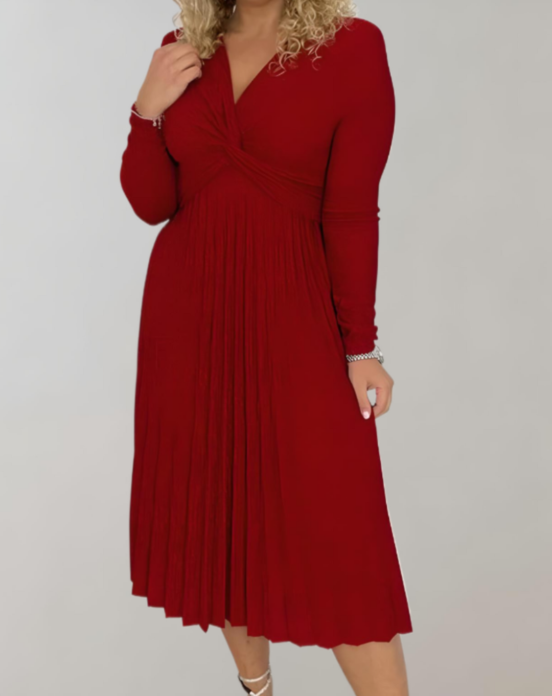 Red Midi Dress with High Waist - Selena-S-State of Style
