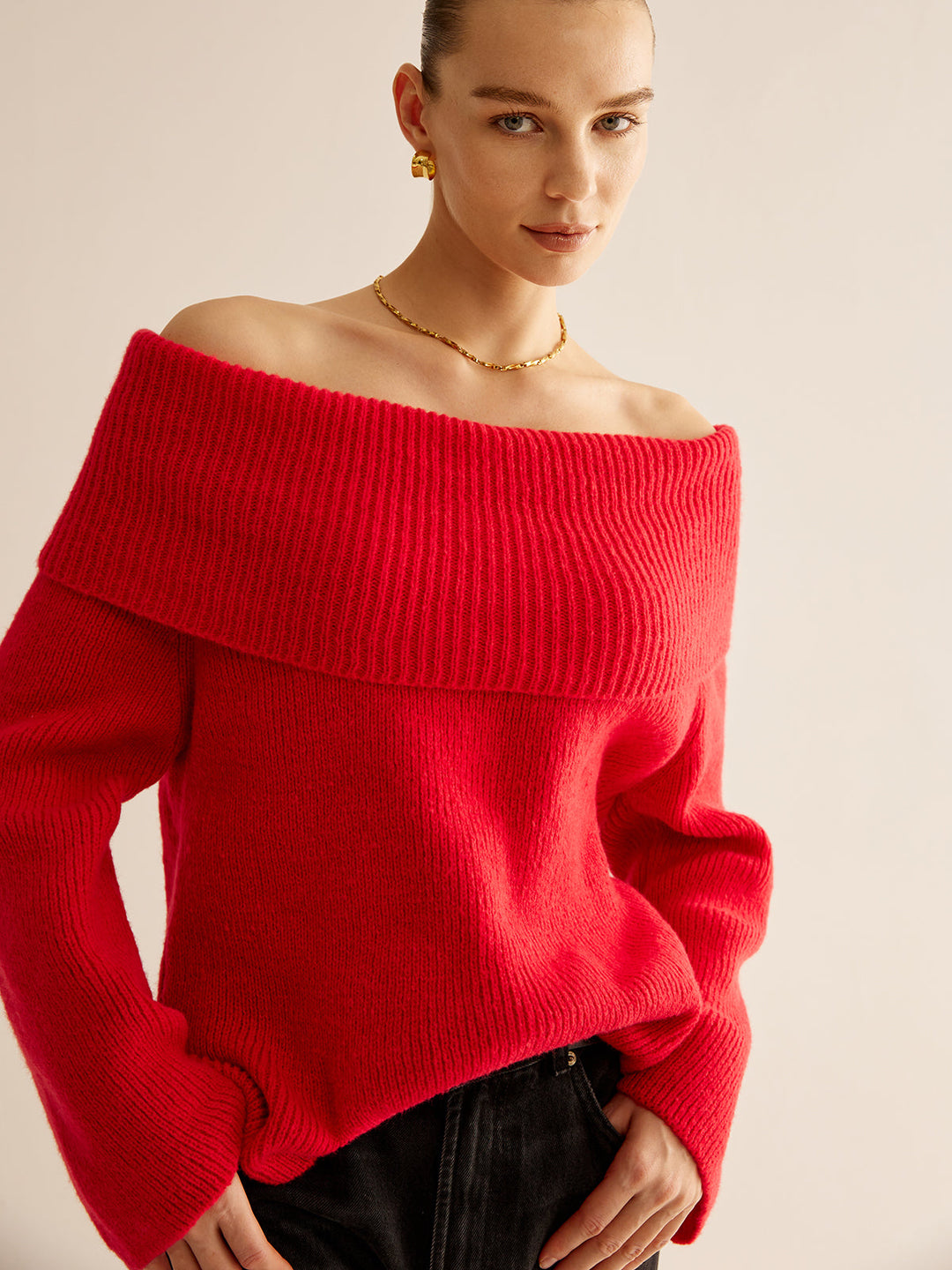 Red Off Shoulder Sweater for Women - Livia-XS-State of Style