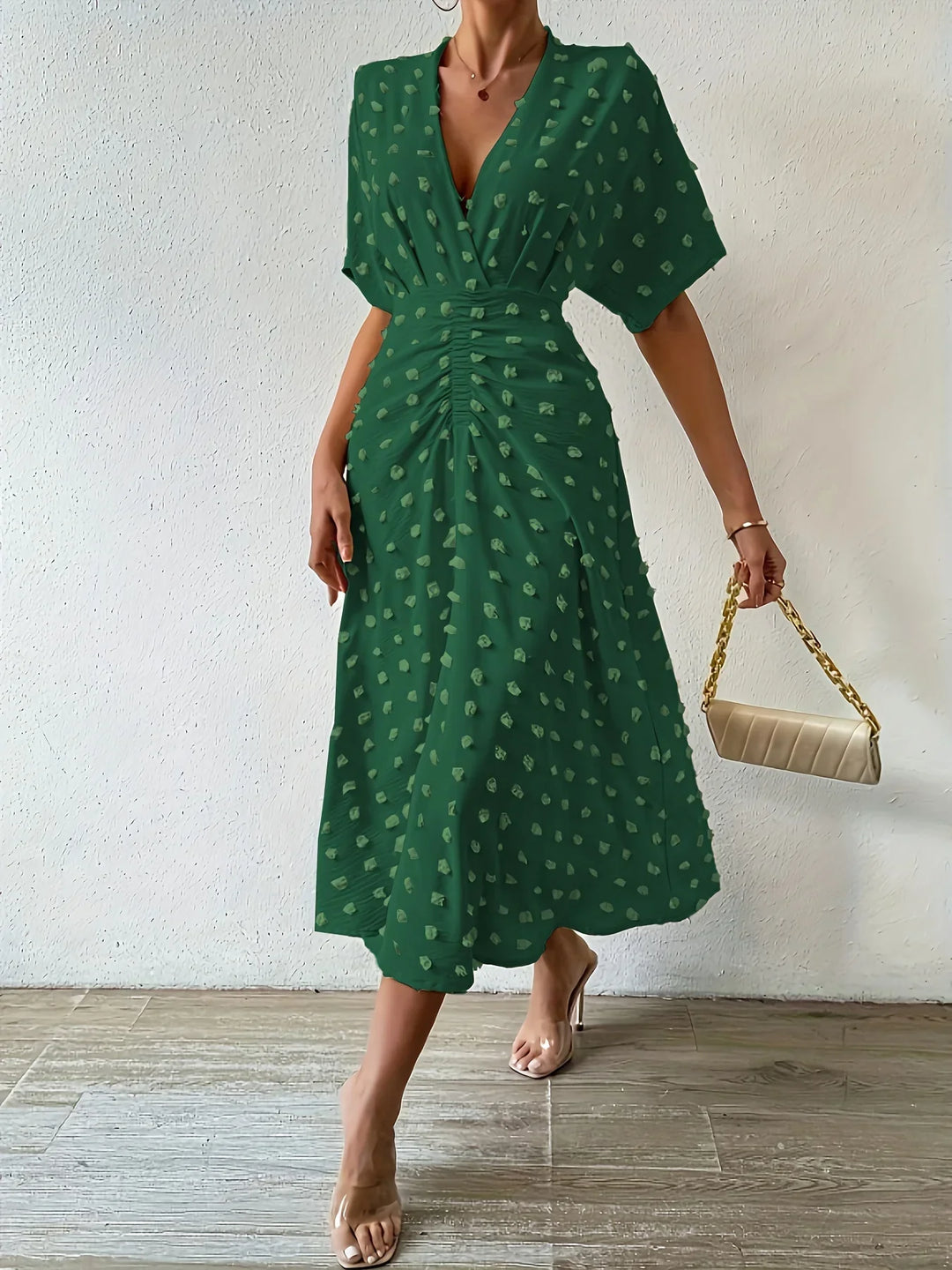 Refined Pleated Midi Dress with Ruffles | Evening Dress-Apricot-S-State of Style