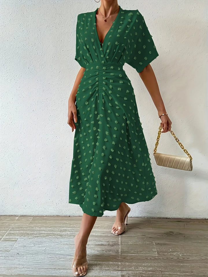 Refined Pleated Midi Dress with Ruffles | Evening Dress-Apricot-S-State of Style