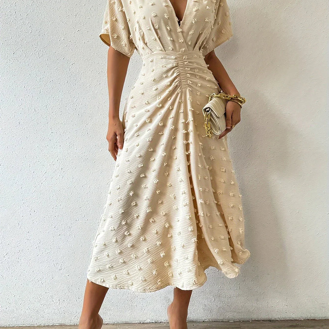 Refined Pleated Midi Dress with Ruffles | Evening Dress-Apricot-S-State of Style