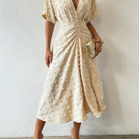 Refined Pleated Midi Dress with Ruffles | Evening Dress-Apricot-S-State of Style