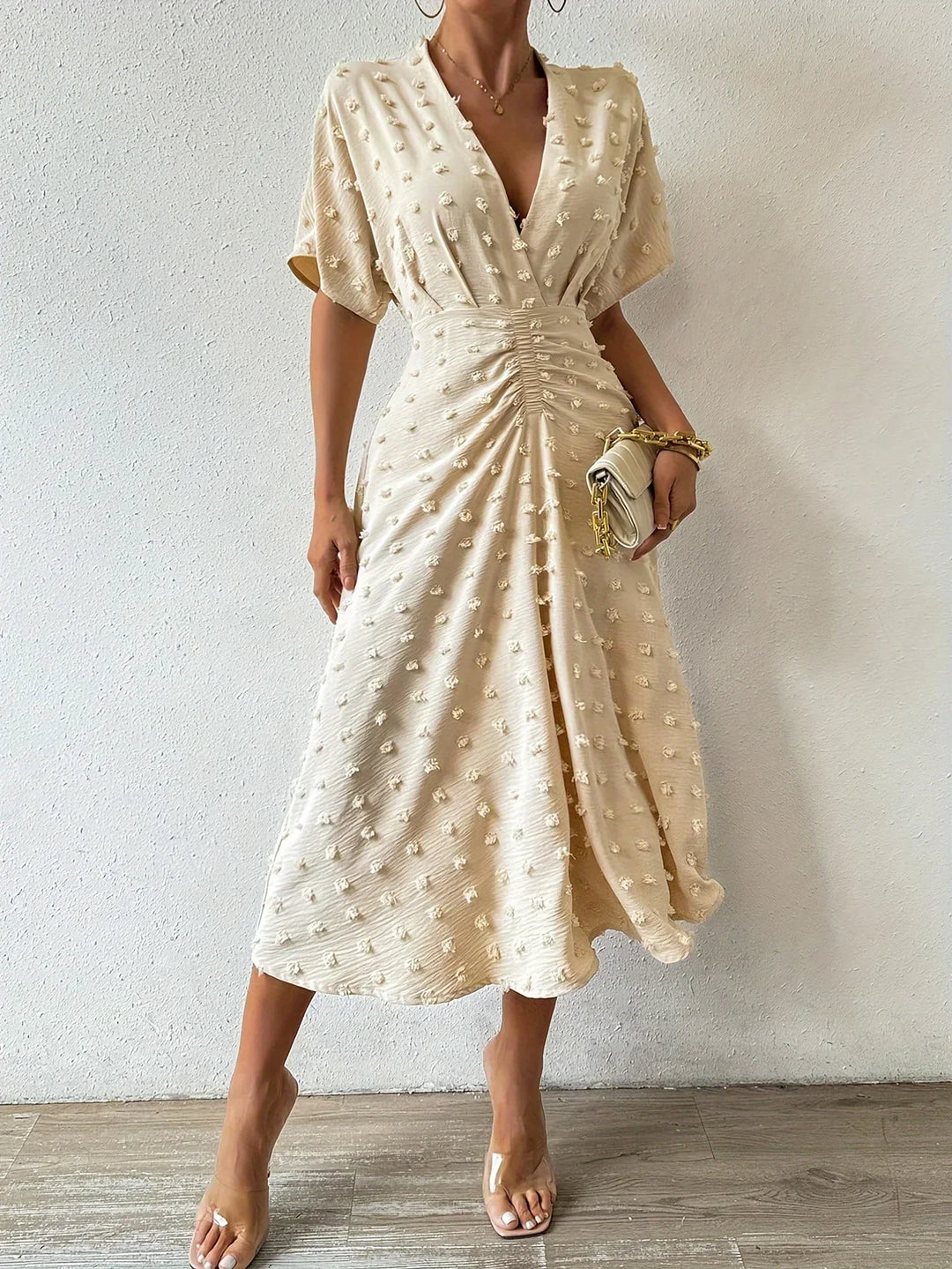 Refined Pleated Midi Dress with Ruffles | Evening Dress-Apricot-S-State of Style