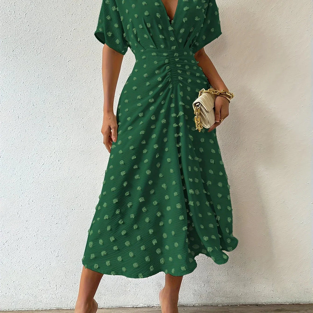 Refined Pleated Midi Dress with Ruffles | Evening Dress-Dark Green-S-State of Style