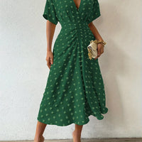 Refined Pleated Midi Dress with Ruffles | Evening Dress-Dark Green-S-State of Style