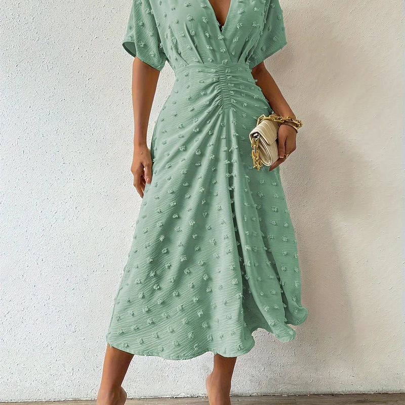 Refined Pleated Midi Dress with Ruffles | Evening Dress-Light Green-S-State of Style