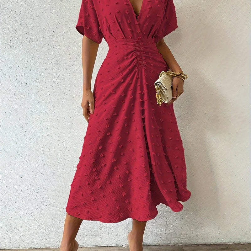 Refined Pleated Midi Dress with Ruffles | Evening Dress-Red-S-State of Style