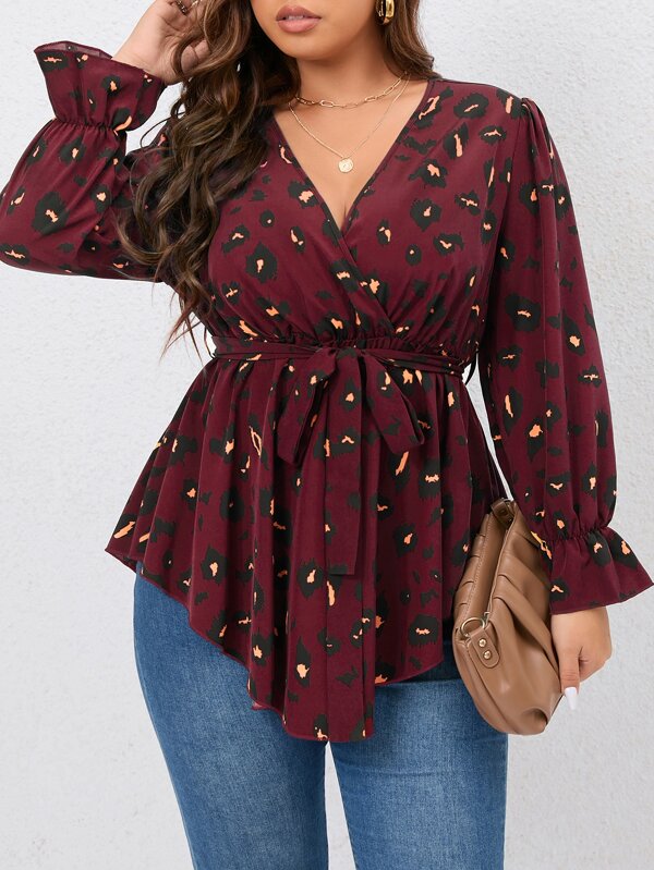 Relaxed Fit V-Neck Blouse in Plus Size-Red-L-State of Style