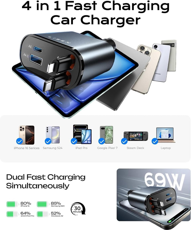 Retractable Car Charger 69W USB C-Black - USB Type C - 24 Volt-State of Style