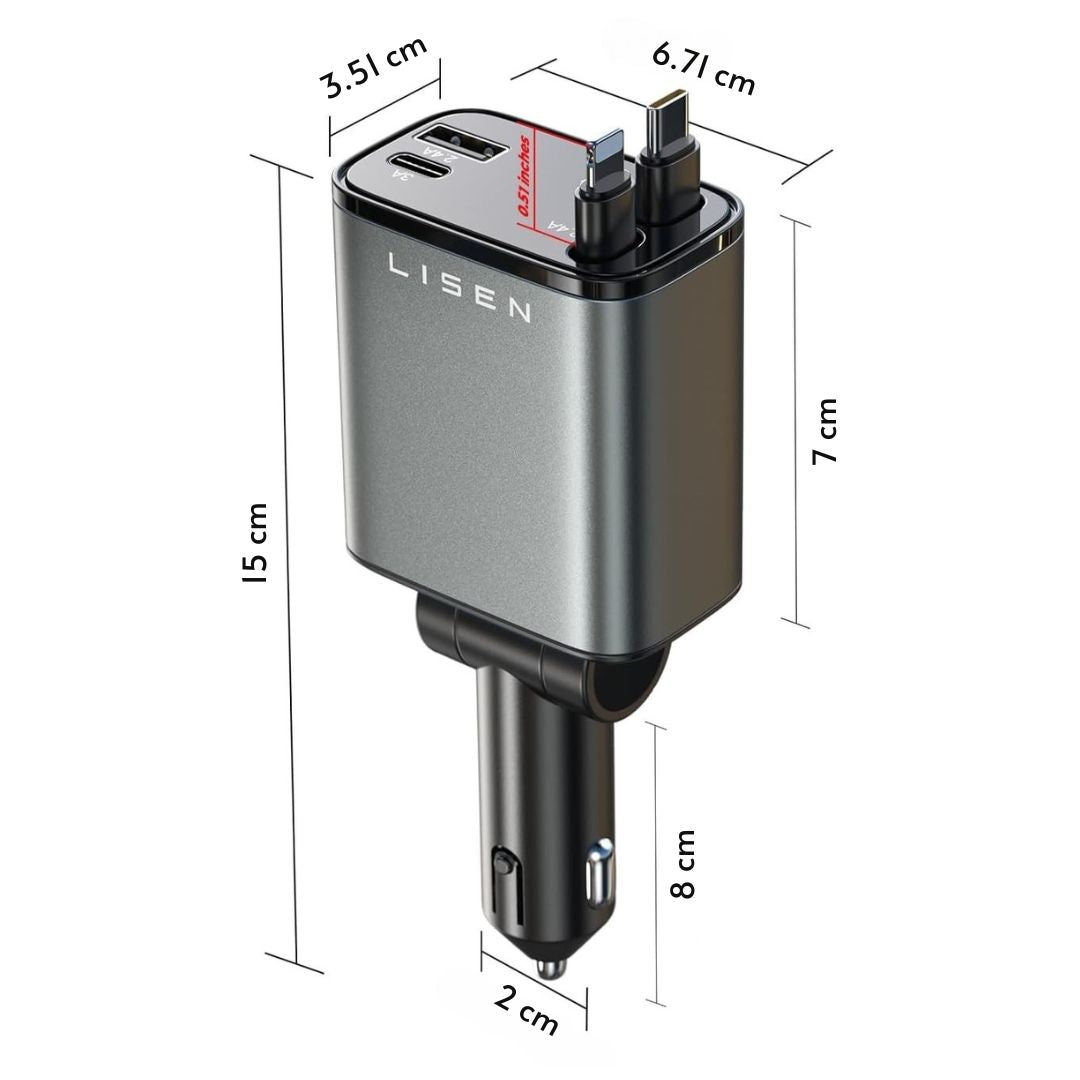 Retractable Car Charger 69W USB C-Black - USB Type C - 24 Volt-State of Style