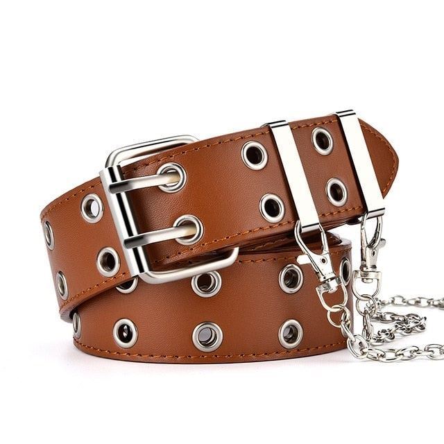 Retro Decorative Punk Belt | Genuine Leather & Adjustable-Brown with Chain-State of Style