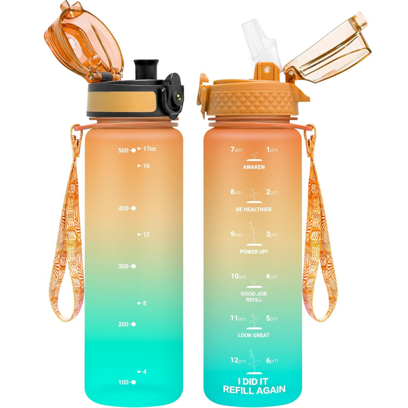 Reusable Tritan plastic water bottle with straw & chug lids-Orange Blue-500 ml-State of Style