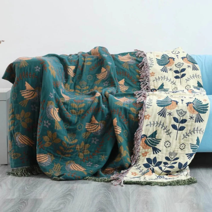 Reversible Scandinavian Bird Blanket - NordicNest-Turquoise-Beige-Full (150x200xm)-State of Style