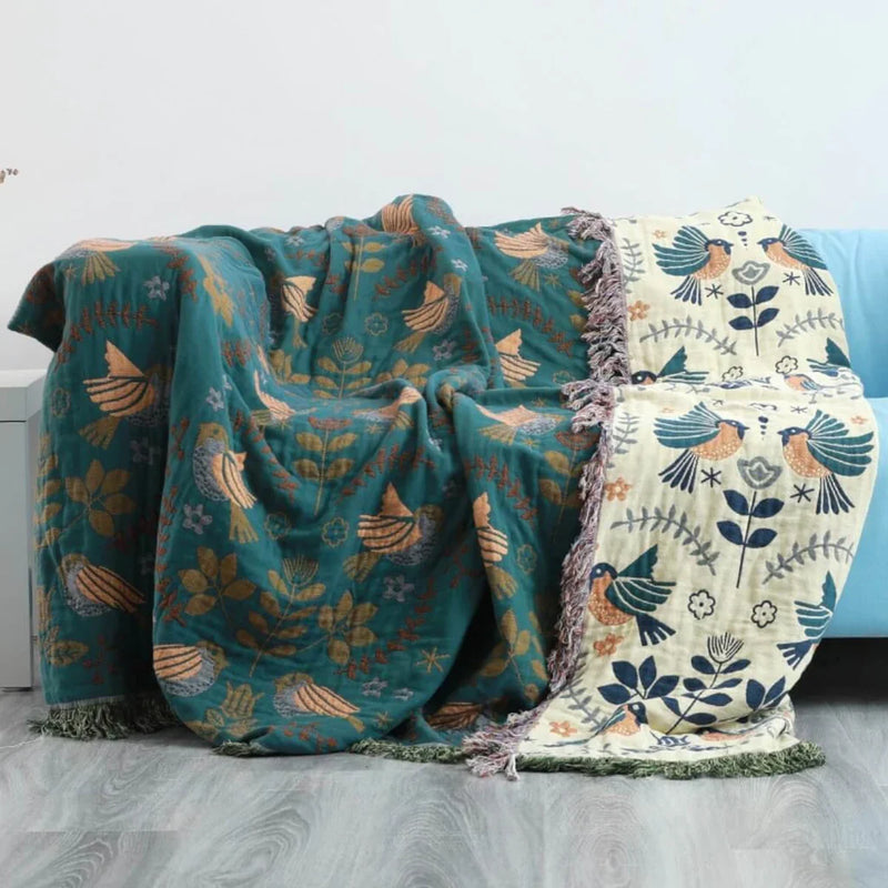 Reversible Scandinavian Bird Blanket - NordicNest-Turquoise-Beige-Full (150x200xm)-State of Style
