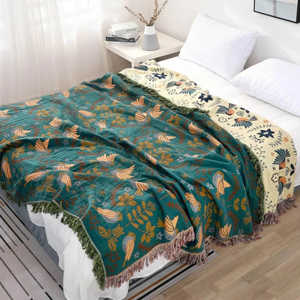 Reversible Scandinavian Bird Blanket - NordicNest-Turquoise-Beige-Full (150x200xm)-State of Style