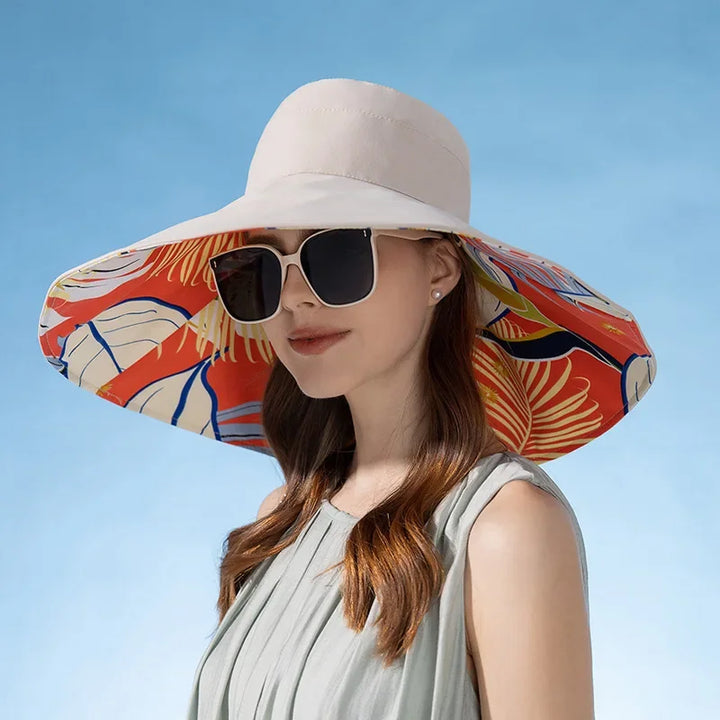 Reversible sun hat made of cotton with a wide brim (56–60 cm) – Liora-Beige (double-sided)-State of Style