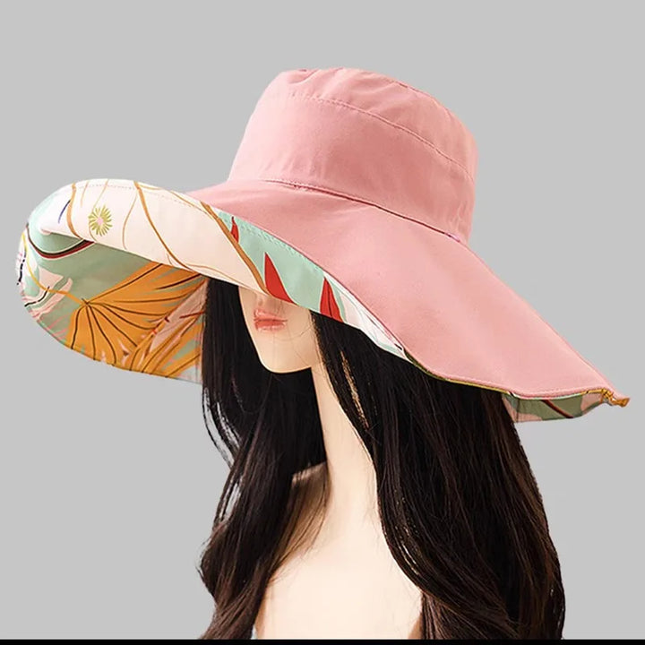 Reversible sun hat made of cotton with a wide brim (56–60 cm) – Liora-Pink (double-sided)-State of Style