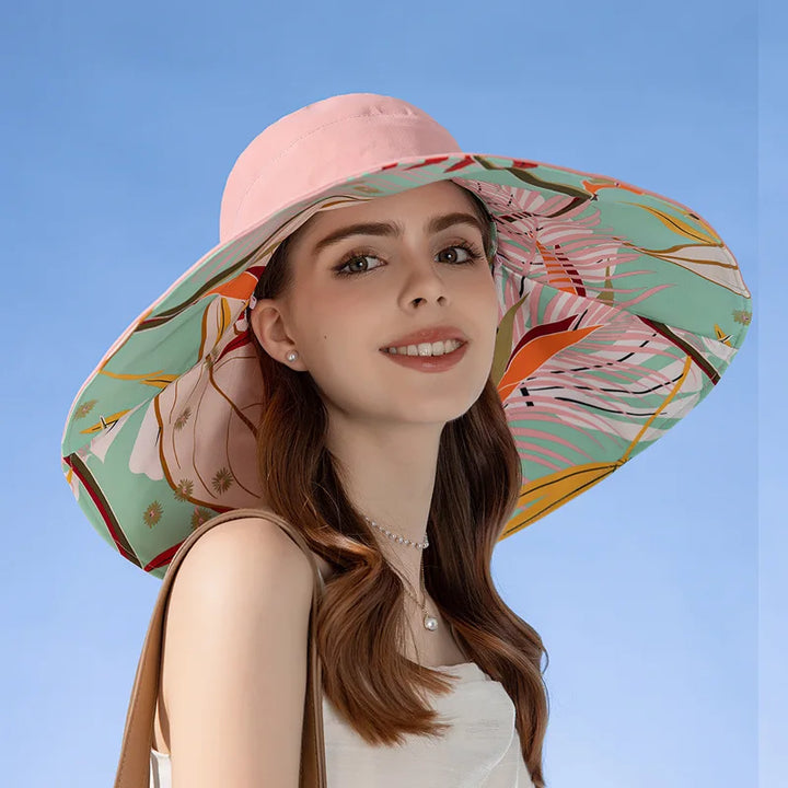 Reversible sun hat made of cotton with a wide brim (56–60 cm) – Liora-Pink (double-sided)-State of Style