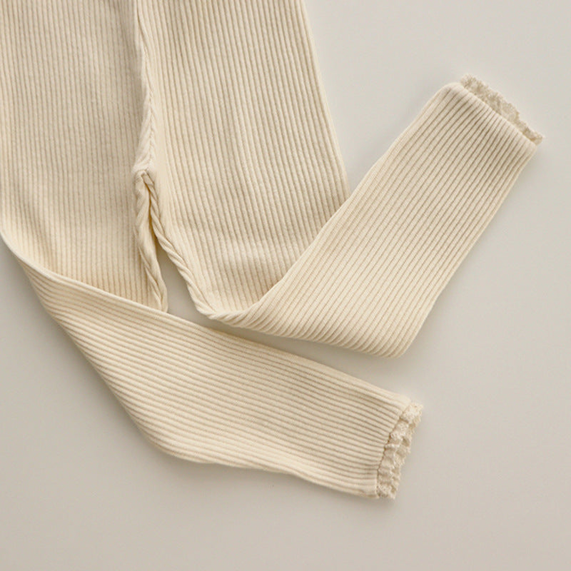 Ribbed Baby Leggings with Lace for Girls-Beige-0-6 months-State of Style
