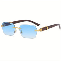 Rimless Sunglasses with Rectangular Lenses and Faux Wood Arms – Verro-Blue-State of Style