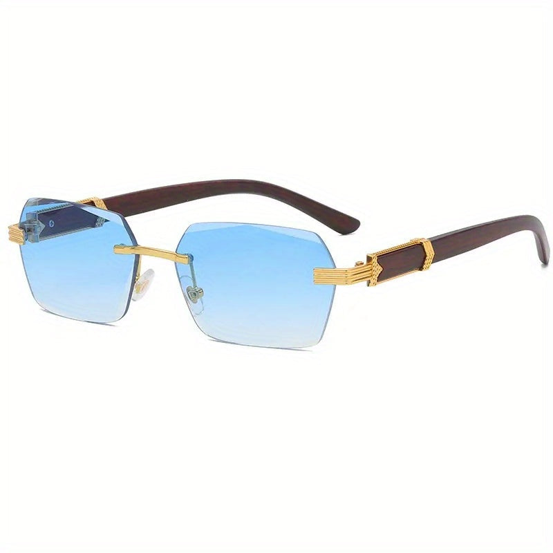 Rimless Sunglasses with Rectangular Lenses and Faux Wood Arms – Verro-Blue-State of Style