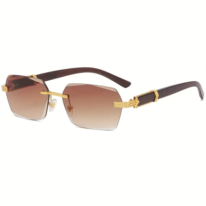 Rimless Sunglasses with Rectangular Lenses and Faux Wood Arms – Verro-Brown-State of Style