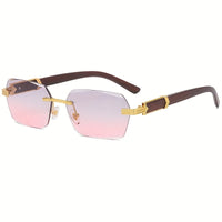 Rimless Sunglasses with Rectangular Lenses and Faux Wood Arms – Verro-Pink blue-State of Style