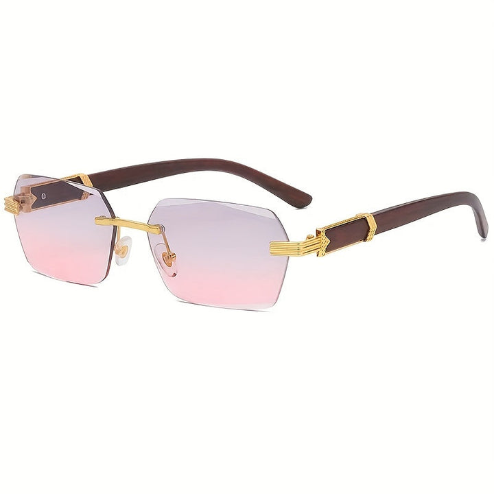 Rimless Sunglasses with Rectangular Lenses and Faux Wood Arms – Verro-Pink blue-State of Style