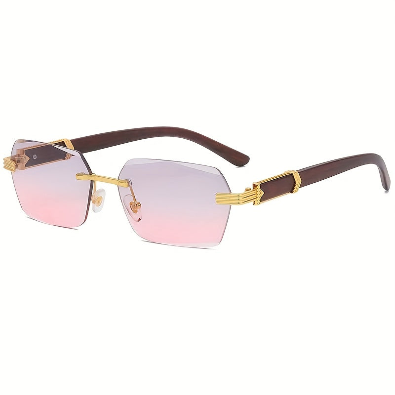 Rimless Sunglasses with Rectangular Lenses and Faux Wood Arms – Verro-Pink blue-State of Style