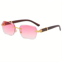 Rimless Sunglasses with Rectangular Lenses and Faux Wood Arms – Verro-Pink-State of Style