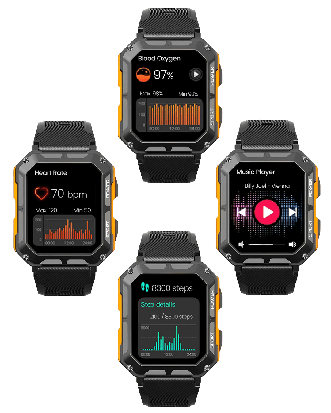 Robust Smartwatch with Heart Rate Monitor & Step Counter - EnduranceX-Black-State of Style