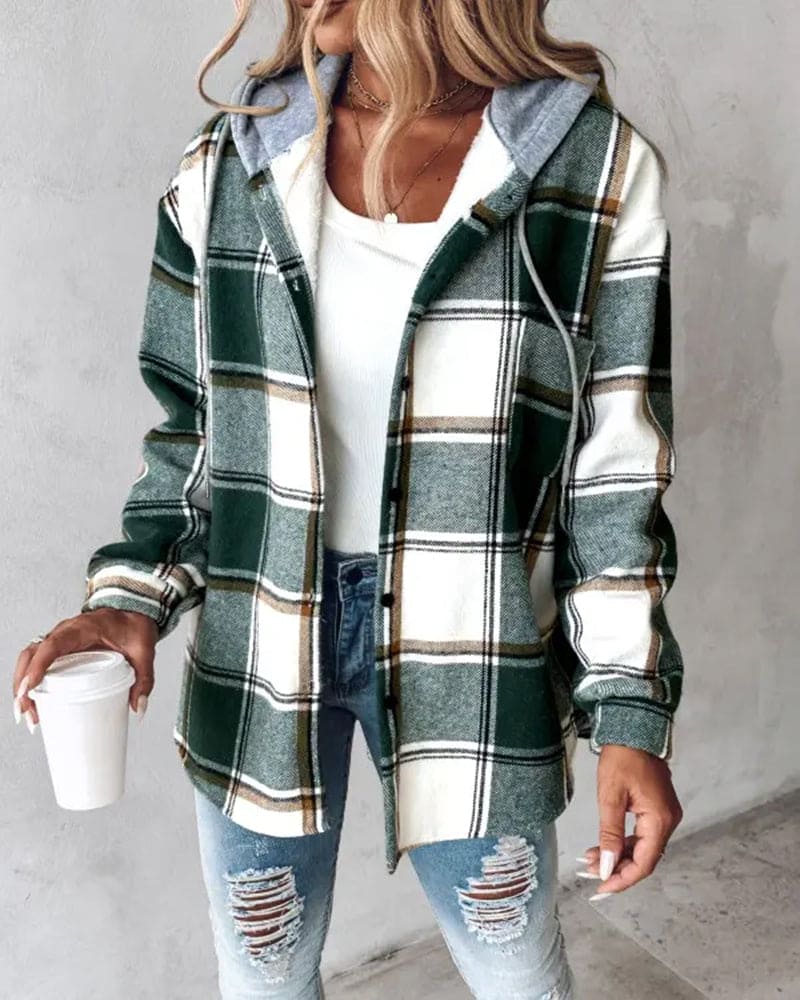 Roma Hooded Jacket with a Checked Pattern-Green-S-State of Style