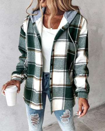 Roma Hooded Jacket with a Checked Pattern-Green-S-State of Style