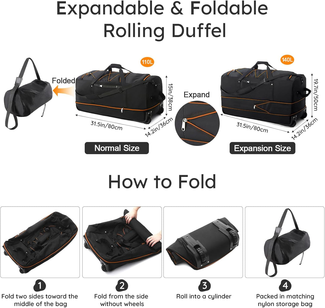 Extra Large Expandable Rolling Duffle Bag 110L–140L – Foldable Travel Luggage