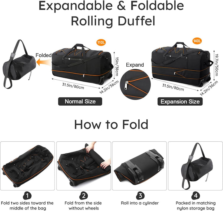 Extra Large Expandable Rolling Duffle Bag 110L–140L – Foldable Travel Luggage