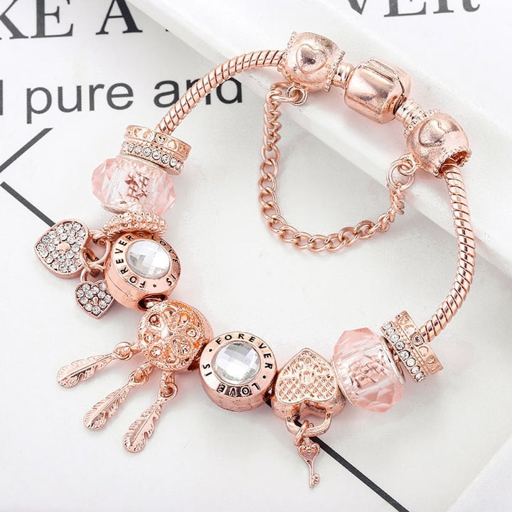 Rose Dreamcatcher Bracelet with Charms in Sterling Silver - Pink-16 cm-State of Style