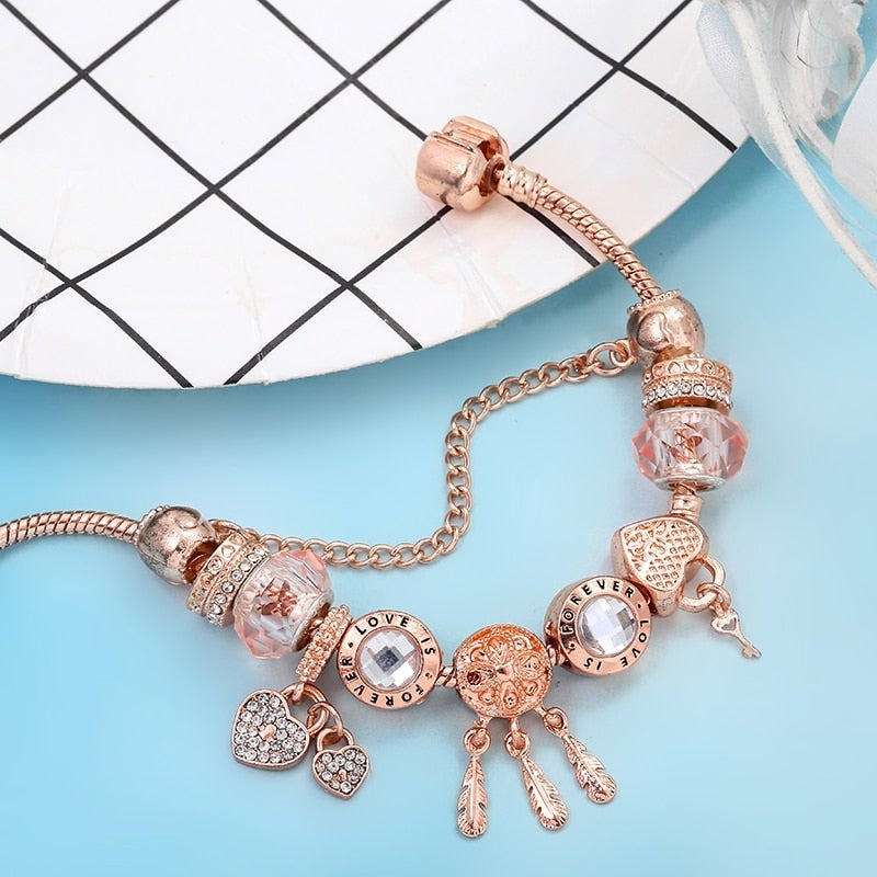 Rose Dreamcatcher Bracelet with Charms in Sterling Silver - Pink-16 cm-State of Style