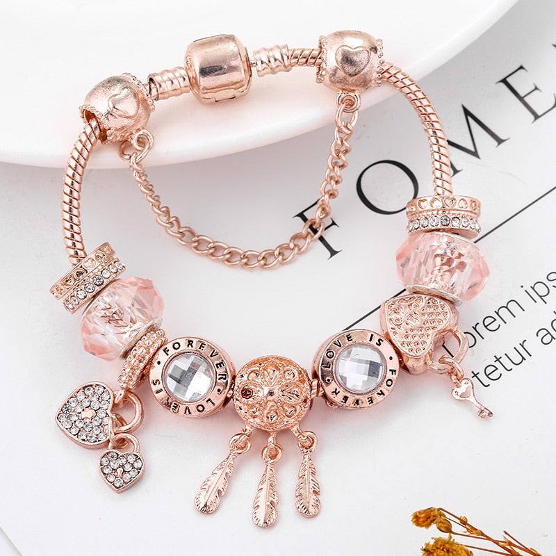 Rose Dreamcatcher Bracelet with Charms in Sterling Silver - Pink-16 cm-State of Style