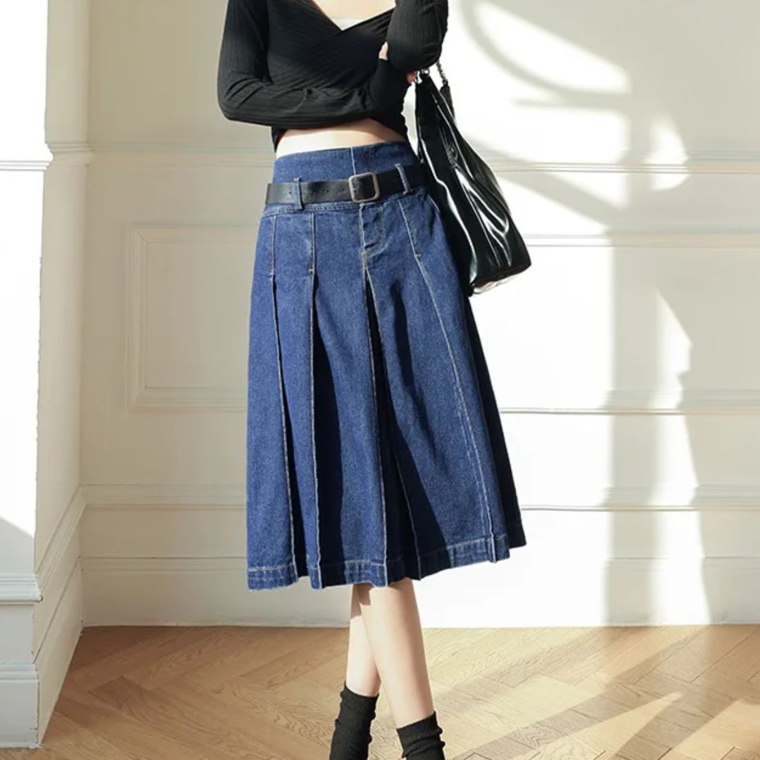 Rosie Traditional Skirt – High-Waisted Pleated Denim A-Line Skirt-S-State of Style
