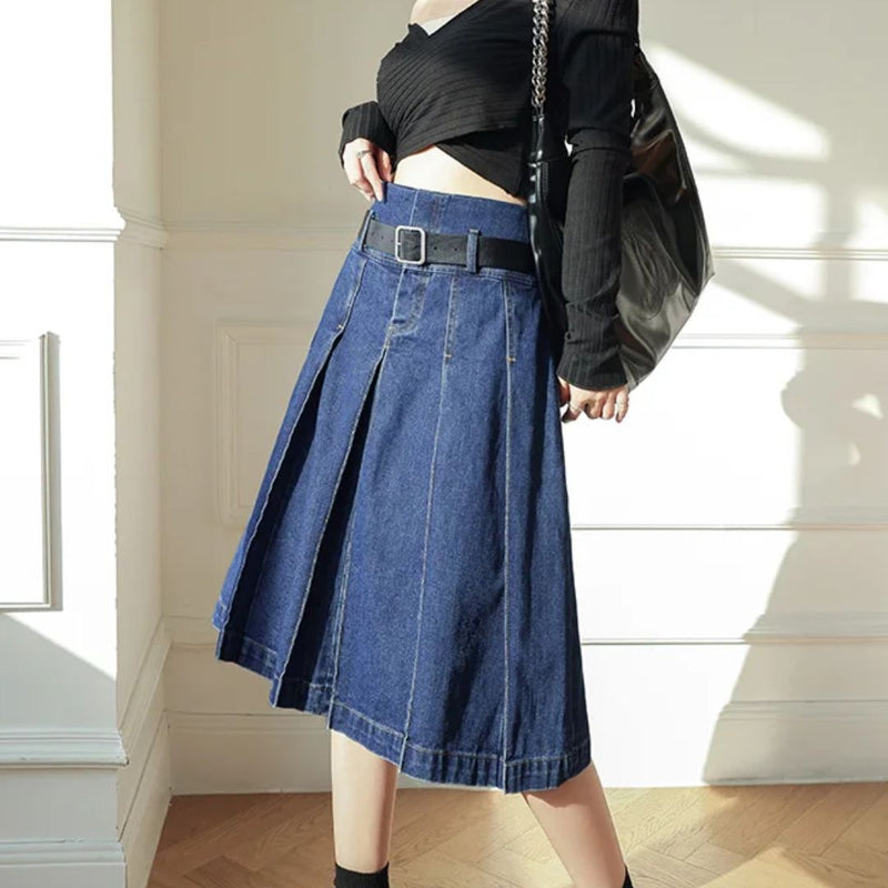 Rosie Traditional Skirt – High-Waisted Pleated Denim A-Line Skirt-S-State of Style